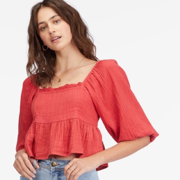 NWT BILLABONG Cross My Heart Puff Sleeve Crop Top, size Large/12 - Picture 1 of 9